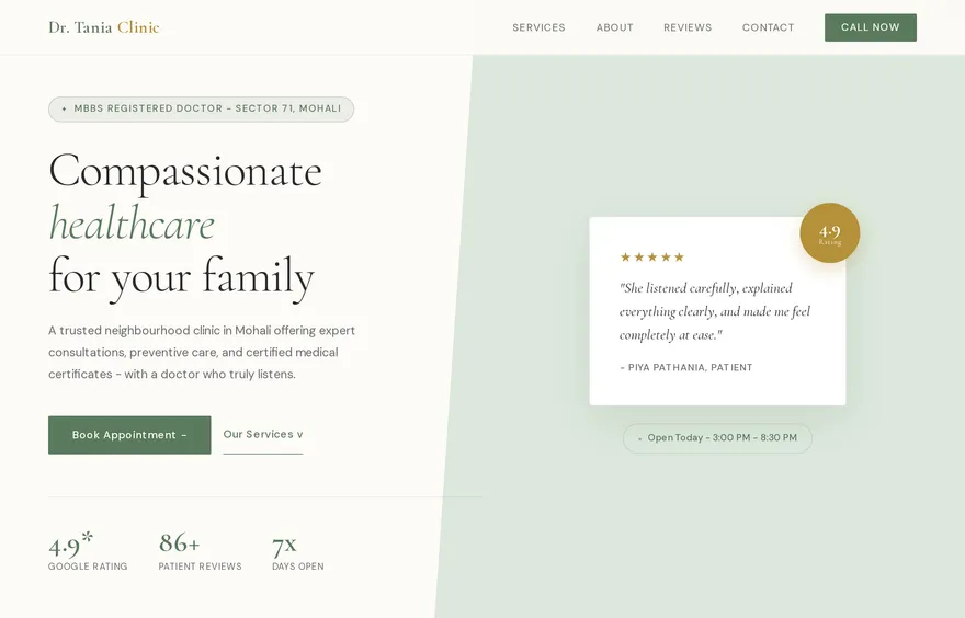 Dr Tania clinic website built by Webgrove — Doctor · Mohali